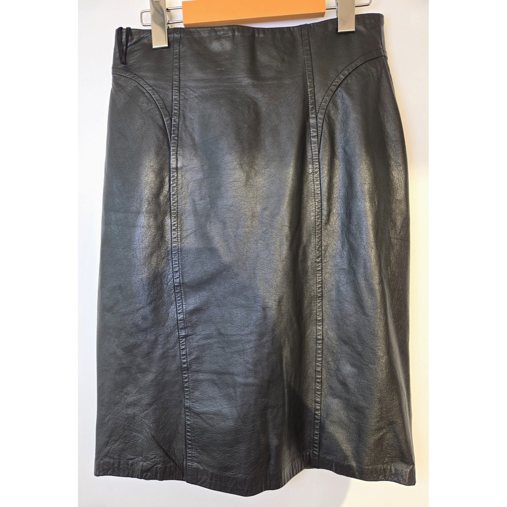 Vintage Danier Sport Genuine Leather Knee Length Pencil Skirt Black Split Luxury